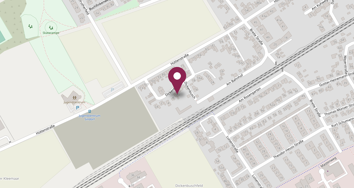 Kartenausschnitt Kerpen-Sindorf: Unser Büro liegt am Dickenbusch, zwischen Hüttenstraße und der Bahnstrecke.