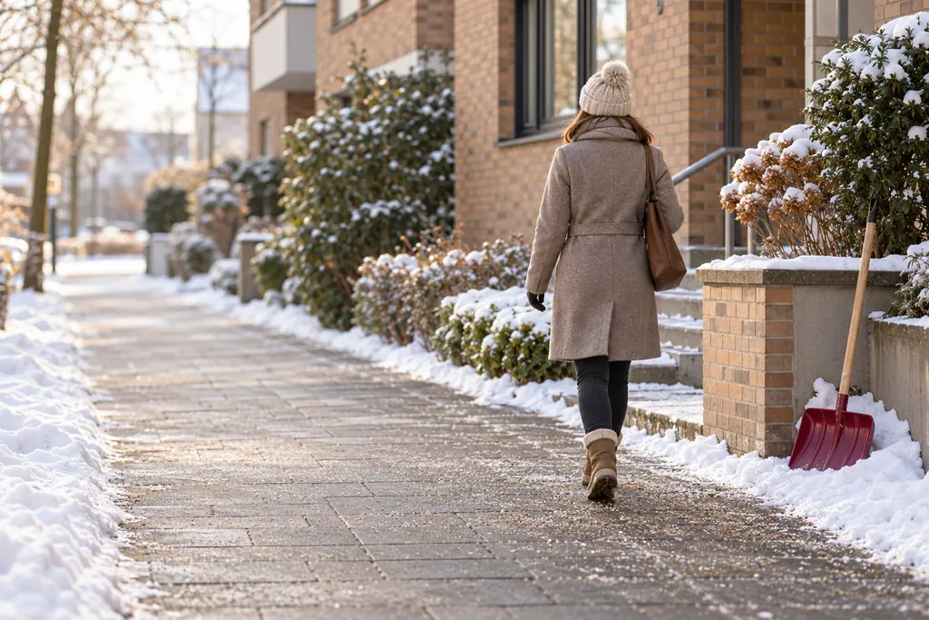 Frau geht über einen geräumten Gehweg vor einem Mehrfamilienhaus im Winter
