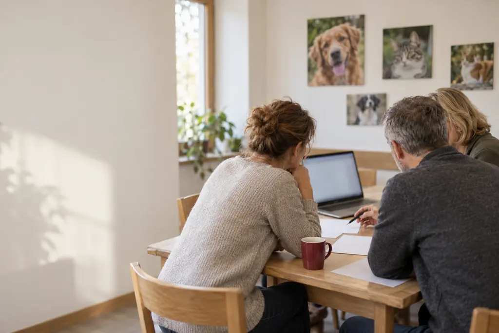 Vorstand eines Tierschutzvereins bespricht Unterlagen am Laptop, an der Wand hängen Tierfotos